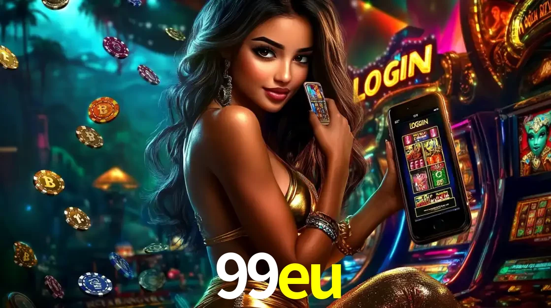 Mulher em um cenário de cassino temático de aventura, mostrando o app de caça-níqueis da 99eu no celular. Fichas de apostas flutuam ao redor.