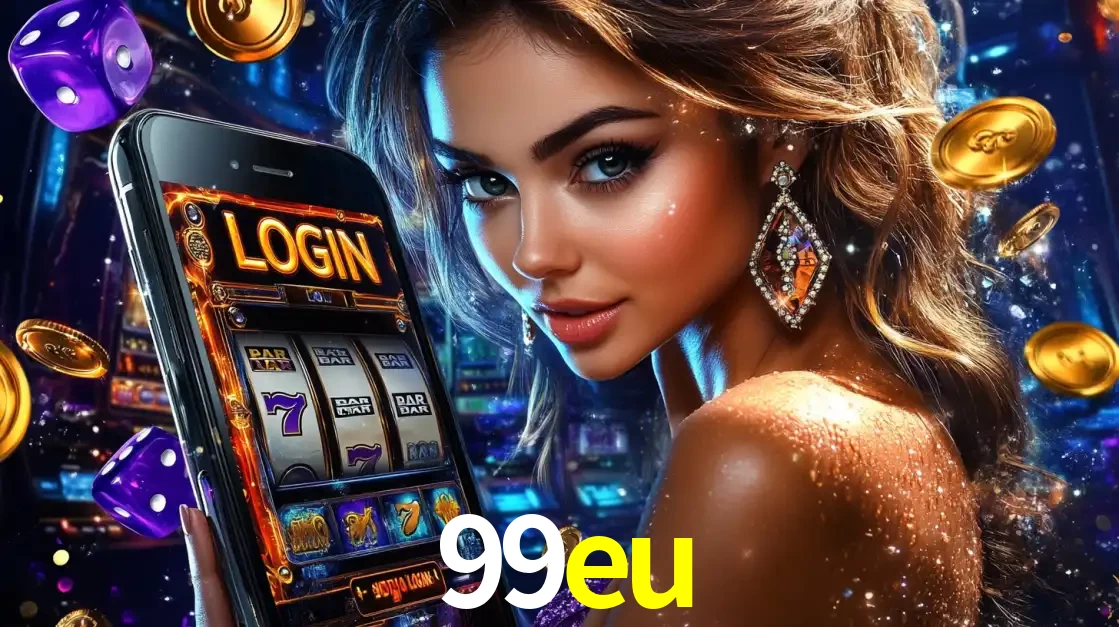 Mulher glamorosa segurando um smartphone com a tela de login para os jogos de caça-níqueis do cassino online 99eu, com moedas de ouro e dados ao redor.
