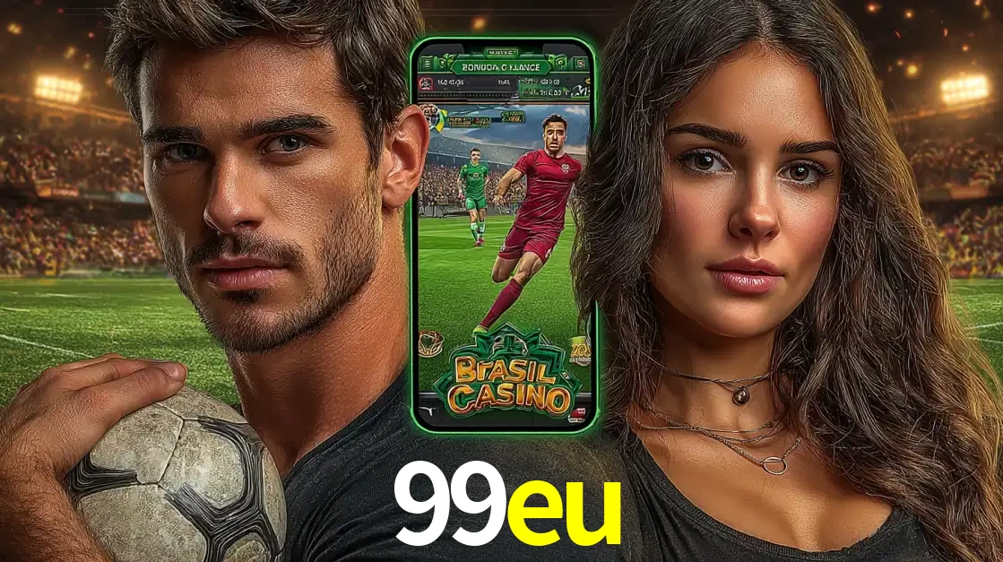 Homem segurando uma bola de futebol e uma mulher ao lado de um smartphone exibindo o jogo de apostas esportivas da 99eu. Faça seu palpite no cassino online.